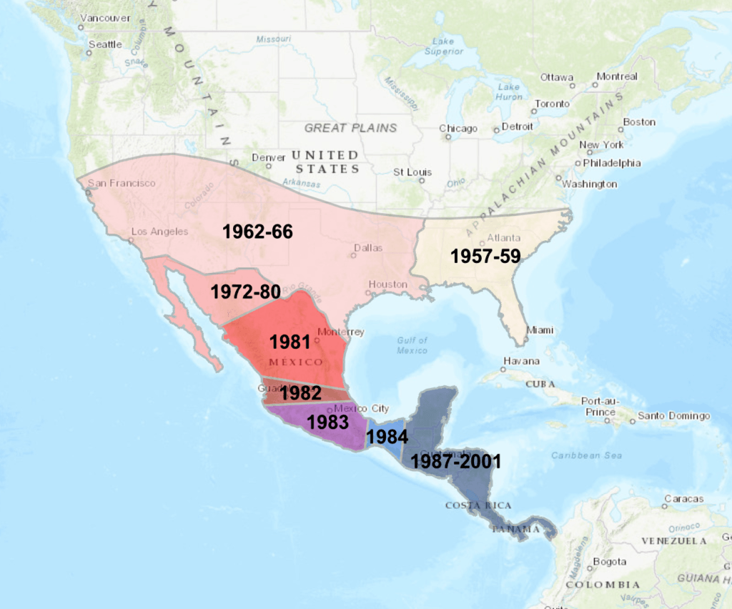 A map showing the southward progress of the screwworm eradication program