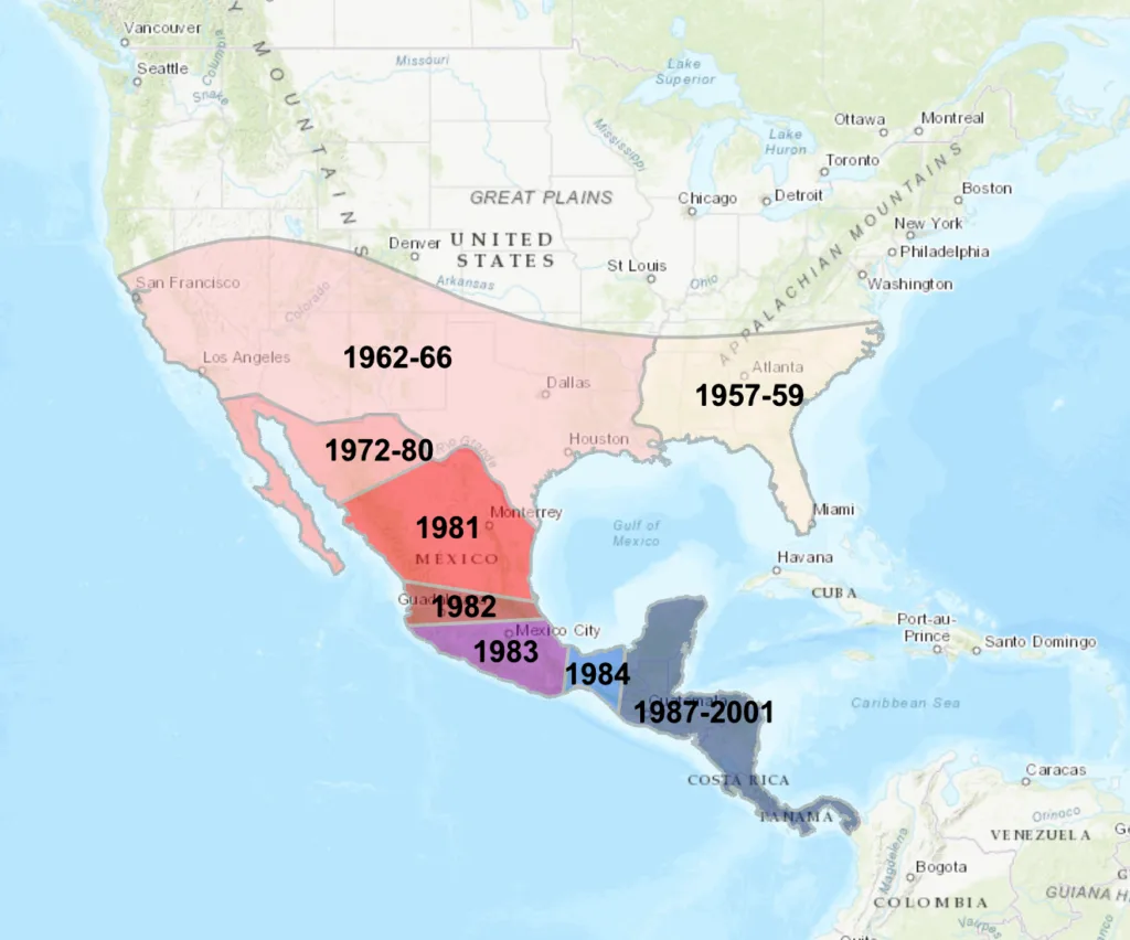 A map showing the southward progress of the screwworm eradication program