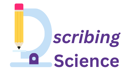 A stylized illustration of a microscope with a pencil replacing the lens. The microscrope is shaped like a 'D.' Next to it is the text "scribing Science."